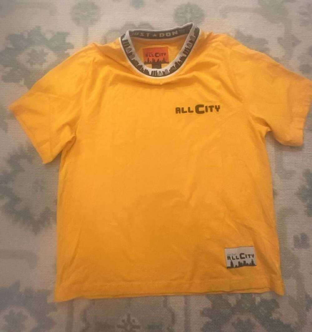 Just Don All City Yellow T-Shirt with Cityscape Collar and Patch, Size M/M